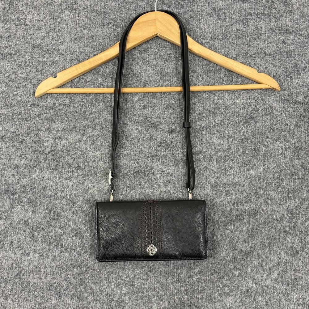 Brighton Interlok Folio Wallet Black Leather Wristlet Crossbody Card Holder Chic